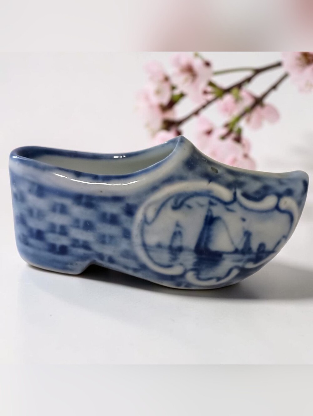 Antique German Delft Mini Clog Shoe Blue White Porcelain Rauenstein Thuringia